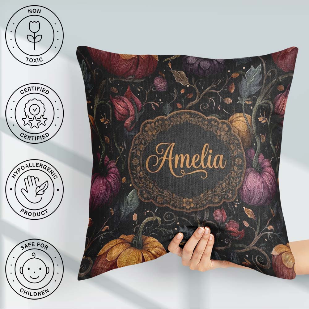 Custom Name Elegant Autumn Pumpkin Floral Dark Pattern Name Cute Square Filled Cushion Throw Pillow Sofa Bed Home Decor Zip Washable UK Made