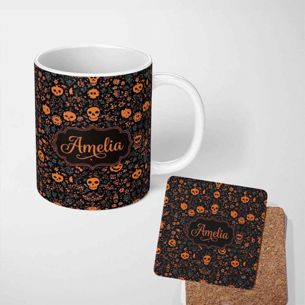Personalized Custom Name Spooky Skull Pumpkin Orange Black Seamless Pattern Name Cute Unique 11oz Ceramic Coffee Tea Mug White Large Handle
