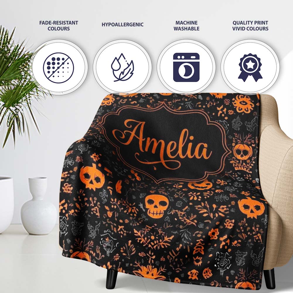 Spooky Skull Pumpkin Orange Black Seamless Pattern Name Cute Unique Personalised Custom Name Super Soft Fleece Blanket Bed Sofa Throw
