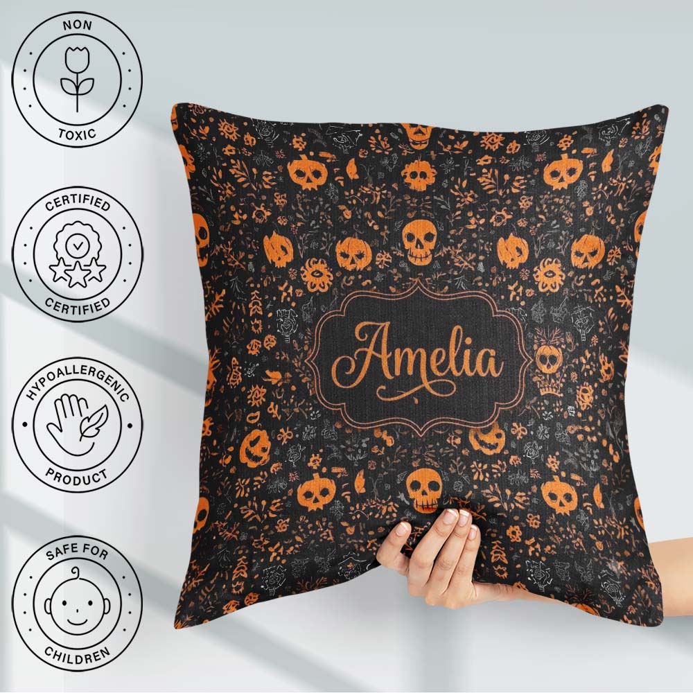 Custom Name Spooky Skull Pumpkin Orange Black Seamless Name Cute Square Filled Cushion Throw Pillow Sofa Bed Home Decor Zip Washable UK Made