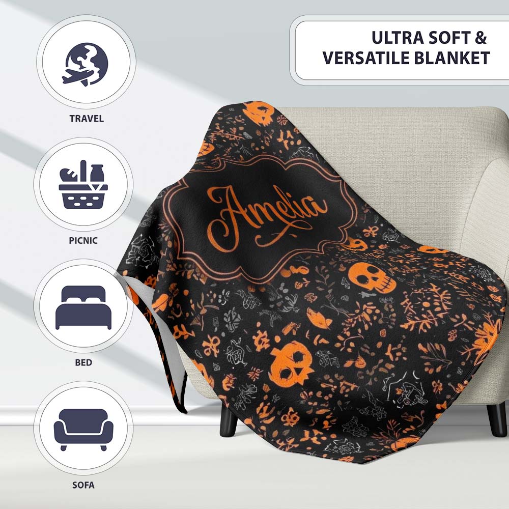 Spooky Skull Pumpkin Orange Black Seamless Pattern Name Cute Unique Personalised Custom Name Super Soft Fleece Blanket Bed Sofa Throw