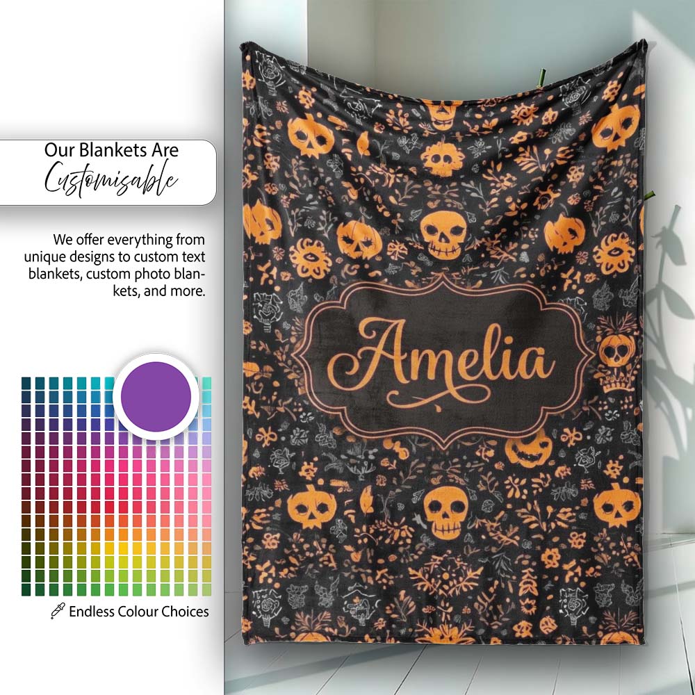 Spooky Skull Pumpkin Orange Black Seamless Pattern Name Cute Unique Personalised Custom Name Super Soft Fleece Blanket Bed Sofa Throw