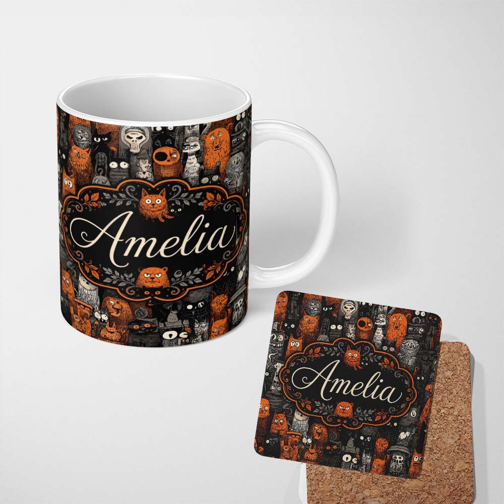 Personalized Custom Name Halloween Folk Art Animal Crowd Seamless Pattern Name Cute Unique 11oz Ceramic Coffee Tea Mug White Large Handle