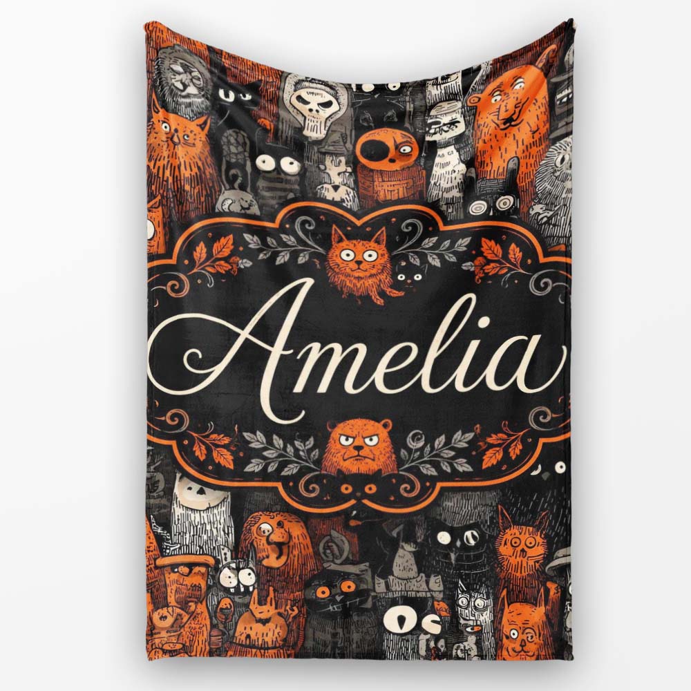 Halloween Folk Art Animal Crowd Seamless Pattern Name Cute Unique Personalised Custom Name Super Soft Fleece Blanket Bed Sofa Throw