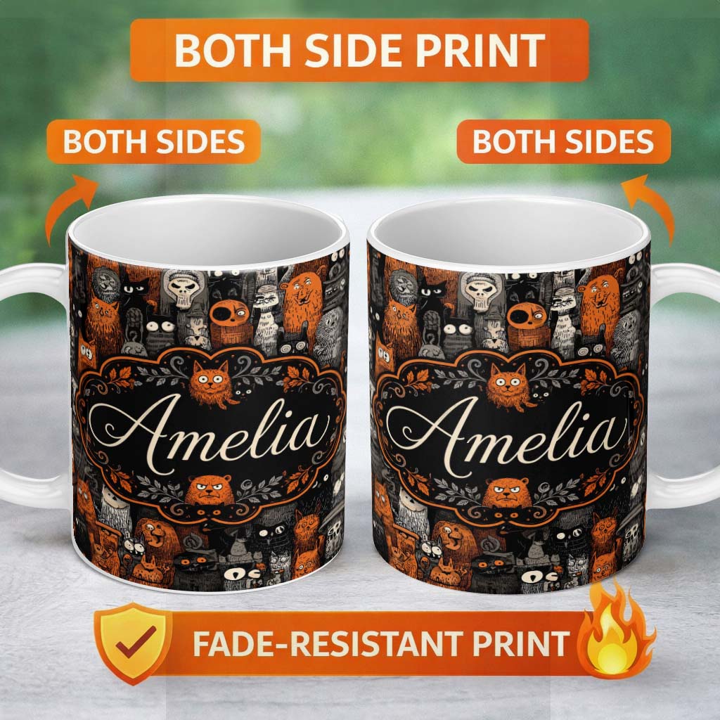 Personalized Custom Name Halloween Folk Art Animal Crowd Seamless Pattern Name Cute Unique 11oz Ceramic Coffee Tea Mug White Large Handle