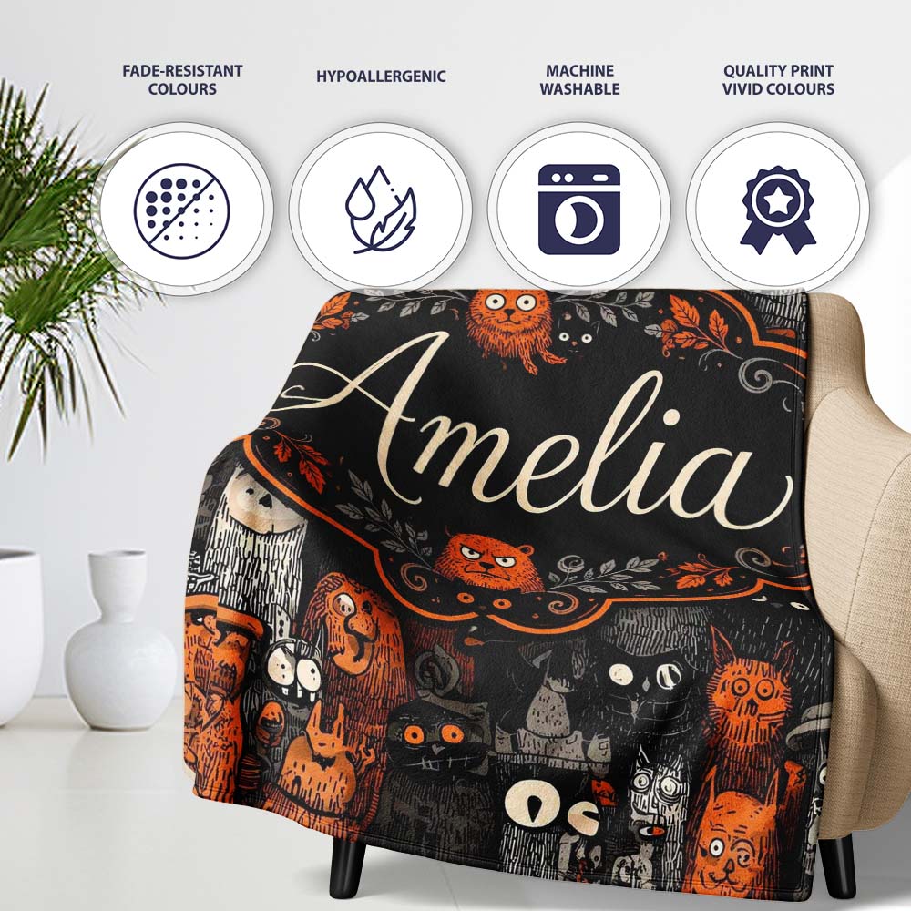 Halloween Folk Art Animal Crowd Seamless Pattern Name Cute Unique Personalised Custom Name Super Soft Fleece Blanket Bed Sofa Throw
