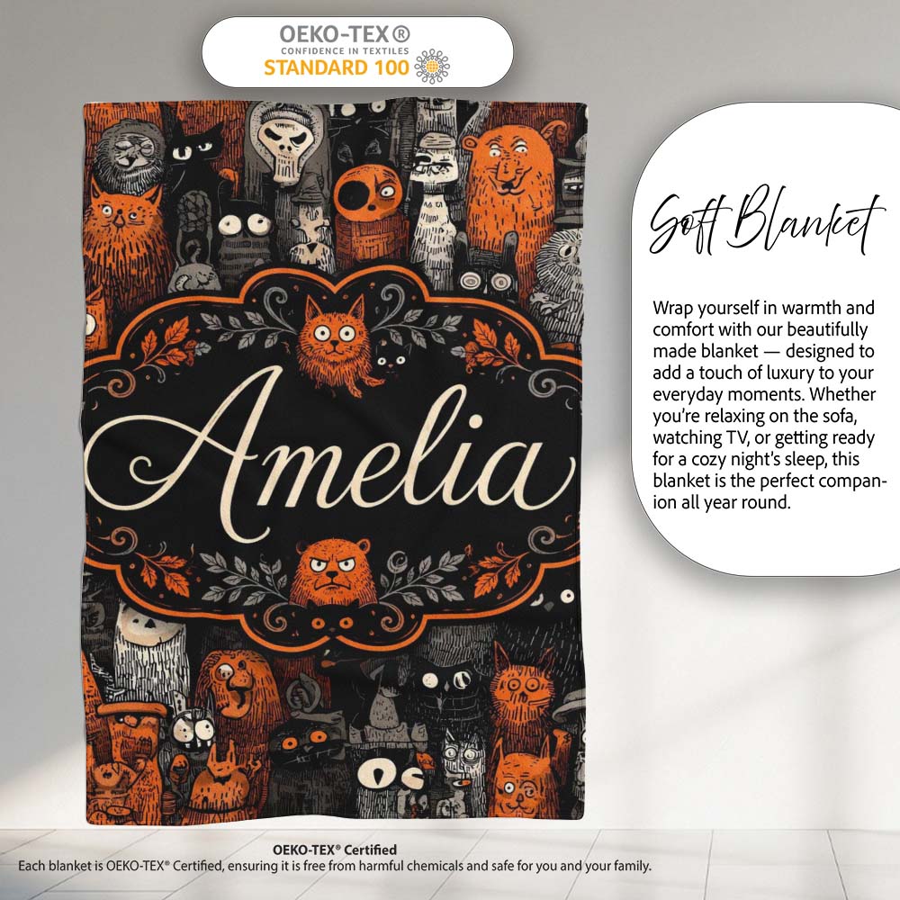 Halloween Folk Art Animal Crowd Seamless Pattern Name Cute Unique Personalised Custom Name Super Soft Fleece Blanket Bed Sofa Throw