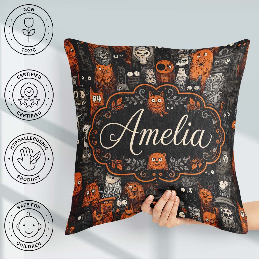 Custom Name Halloween Folk Art Animal Seamless Pattern Name Cute Square Filled Cushion Throw Pillow Sofa Bed Home Decor Zip Washable UK Made