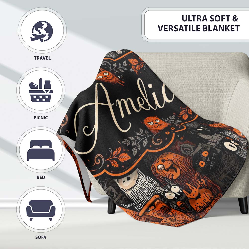 Halloween Folk Art Animal Crowd Seamless Pattern Name Cute Unique Personalised Custom Name Super Soft Fleece Blanket Bed Sofa Throw