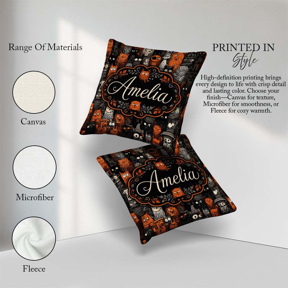 Custom Name Halloween Folk Art Animal Seamless Pattern Name Cute Square Filled Cushion Throw Pillow Sofa Bed Home Decor Zip Washable UK Made