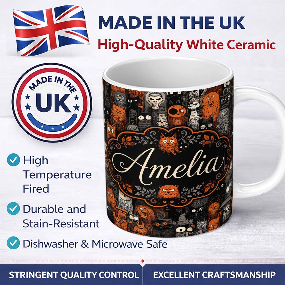 Personalized Custom Name Halloween Folk Art Animal Crowd Seamless Pattern Name Cute Unique 11oz Ceramic Coffee Tea Mug White Large Handle