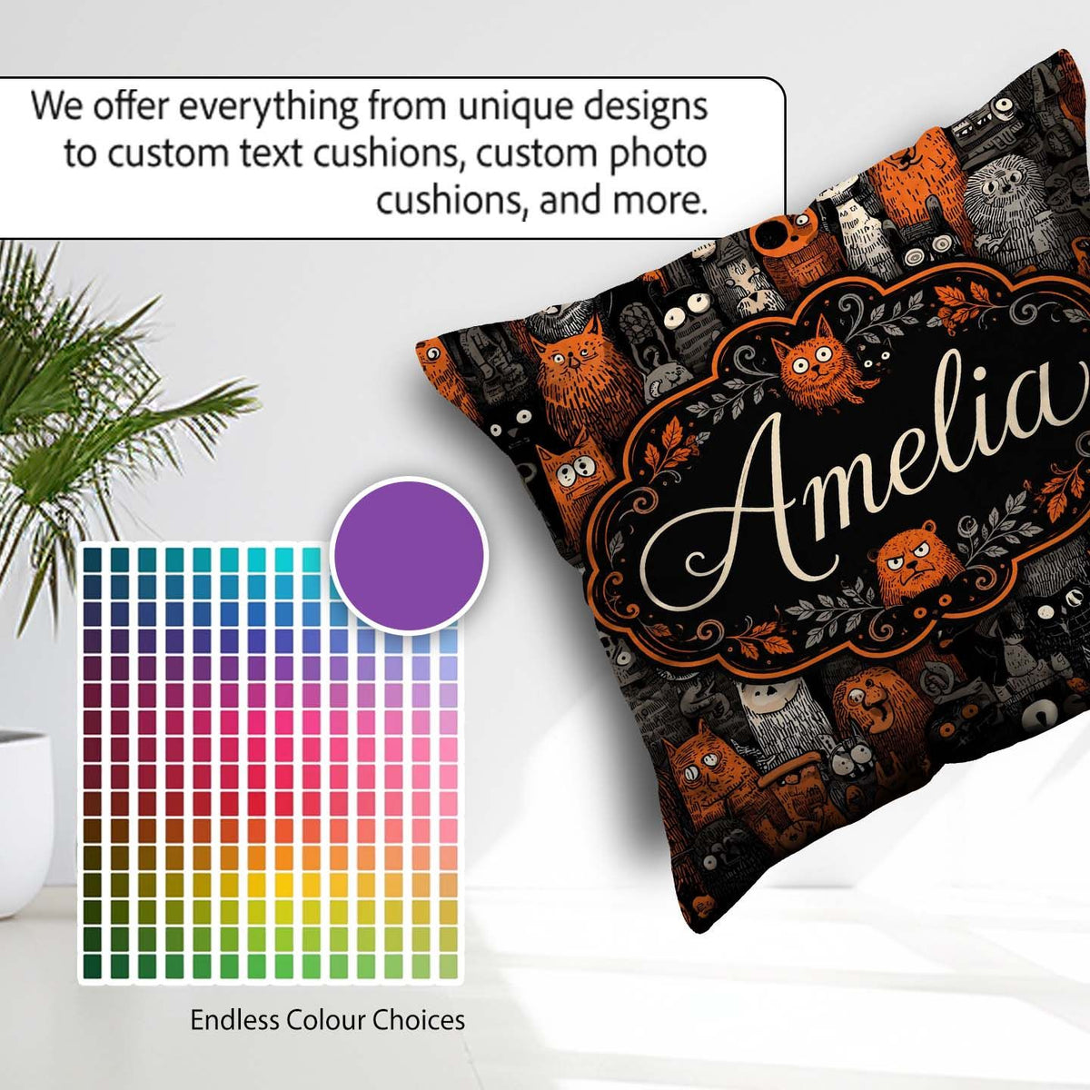 Custom Name Halloween Folk Art Animal Seamless Pattern Name Cute Square Filled Cushion Throw Pillow Sofa Bed Home Decor Zip Washable UK Made