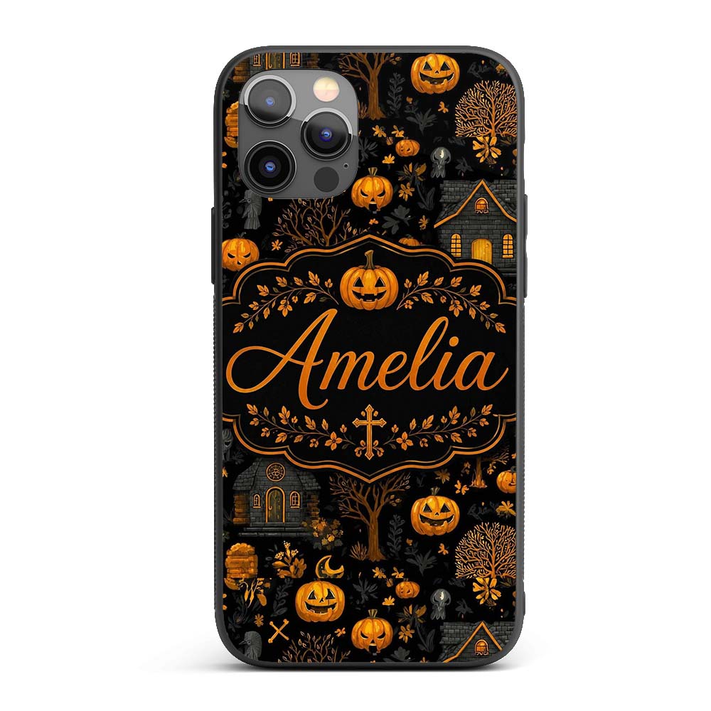 Haunted House Pumpkin Autumn Night Printed Design Custom Name Protective Phone Case Mobile Cover Durable Everyday Smartphone Shock Resistant