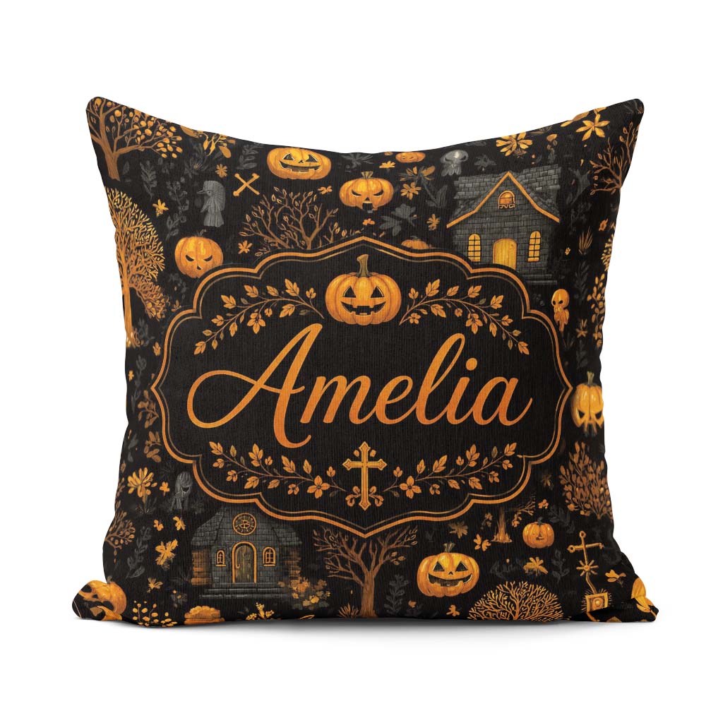 Custom Name Haunted House Pumpkin Autumn Night Pattern Name Cute Square Filled Cushion Throw Pillow Sofa Bed Home Decor Zip Washable UK Made