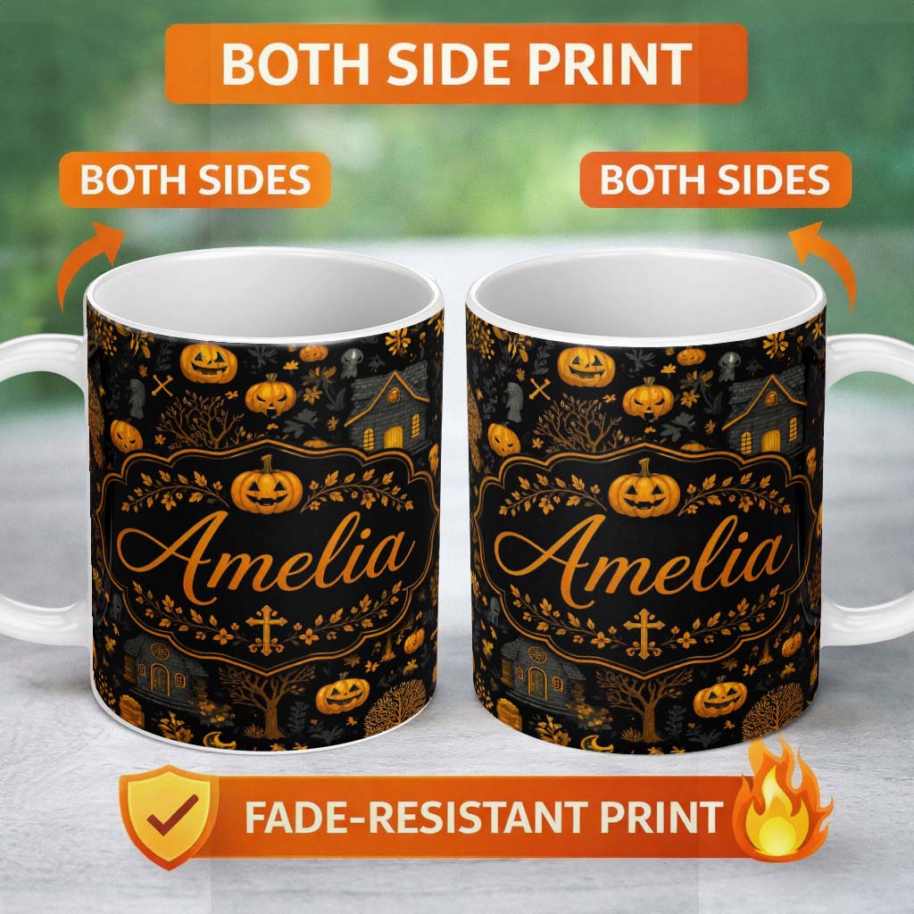 Personalized Custom Name Haunted House Pumpkin Autumn Night Seamless Pattern Name Cute 11oz Ceramic Coffee Tea Mug White Large Handle