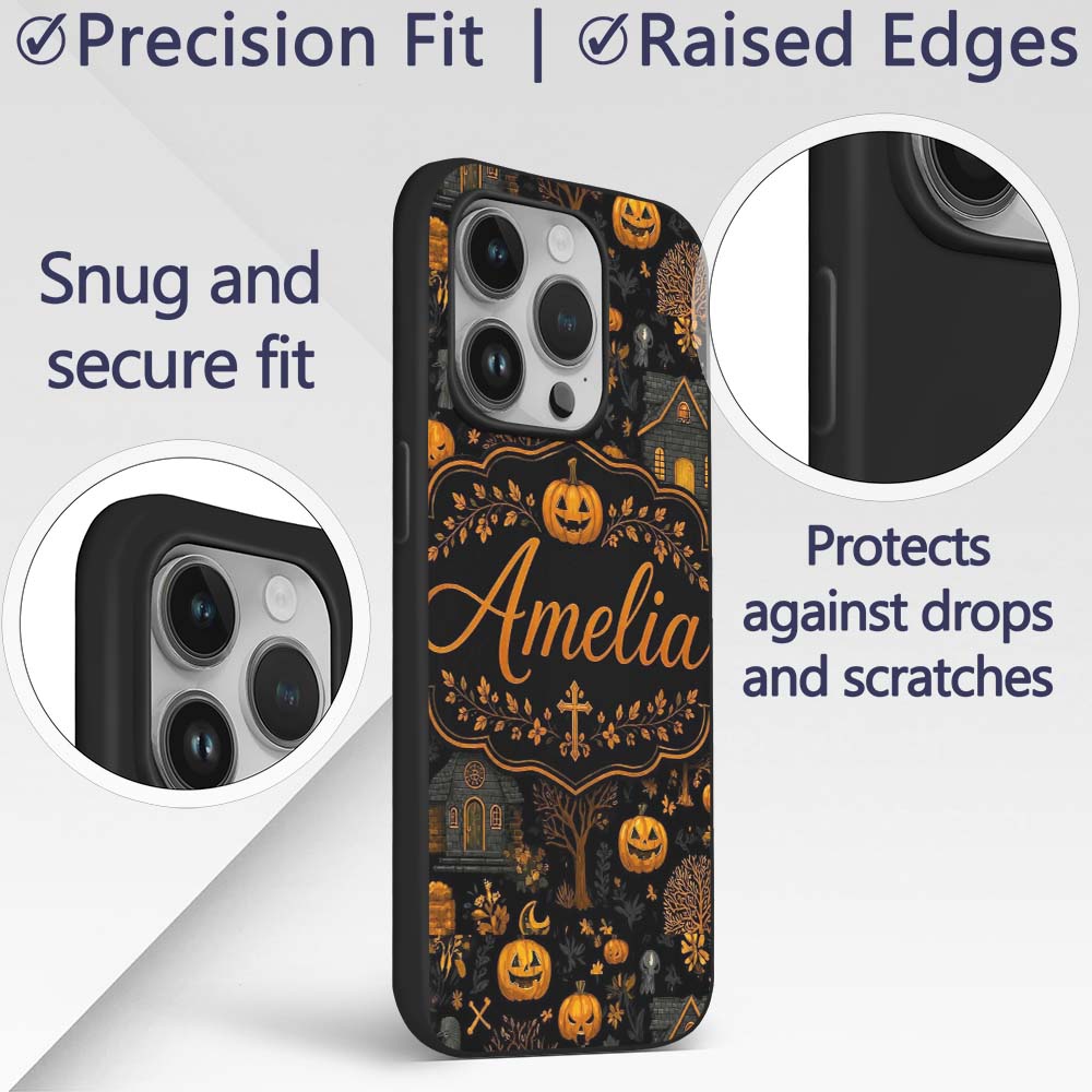 Haunted House Pumpkin Autumn Night Printed Design Custom Name Protective Phone Case Mobile Cover Durable Everyday Smartphone Shock Resistant