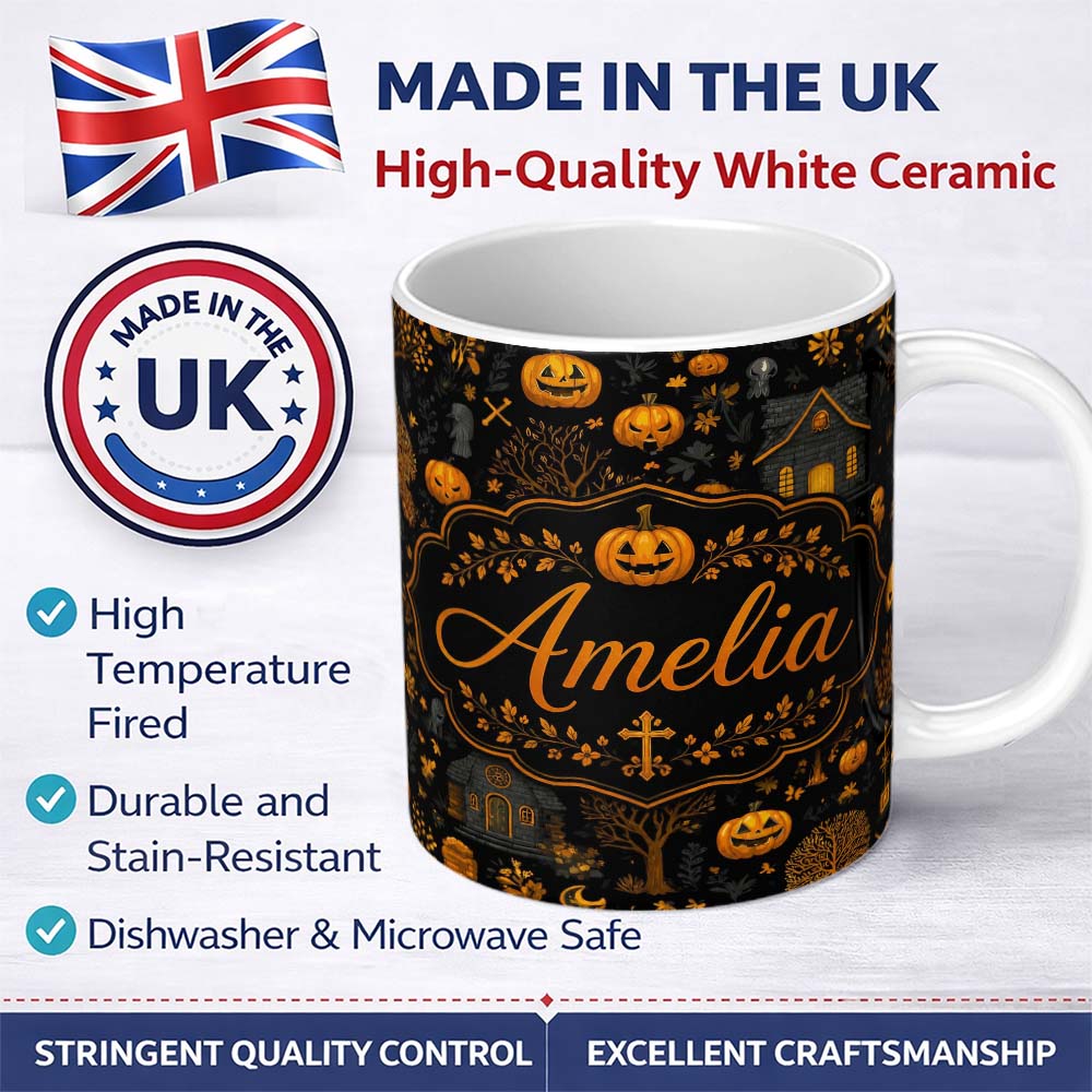 Personalized Custom Name Haunted House Pumpkin Autumn Night Seamless Pattern Name Cute 11oz Ceramic Coffee Tea Mug White Large Handle