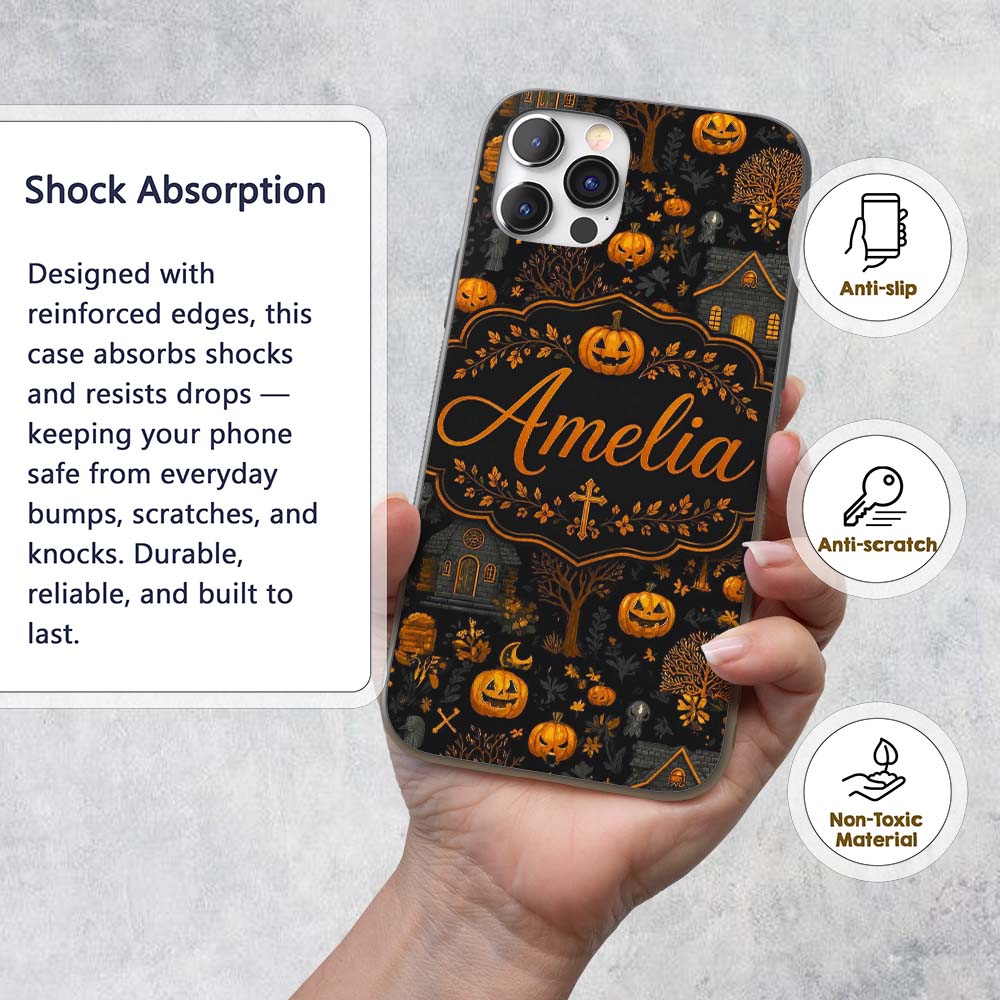 Haunted House Pumpkin Autumn Night Printed Design Custom Name Protective Phone Case Mobile Cover Durable Everyday Smartphone Shock Resistant