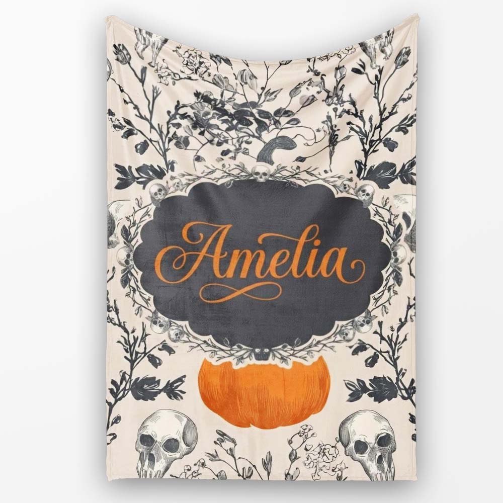 Vintage Pumpkin Skull Botanical Cream Seamless Pattern Name Cute Personalised Custom Name Super Soft Fleece Blanket Bed Sofa Throw
