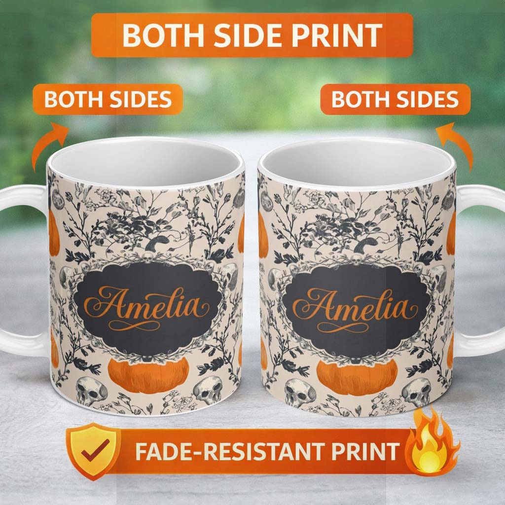 Personalized Custom Name Vintage Pumpkin Skull Botanical Cream Seamless Pattern Name Cute 11oz Ceramic Coffee Tea Mug White Large Handle