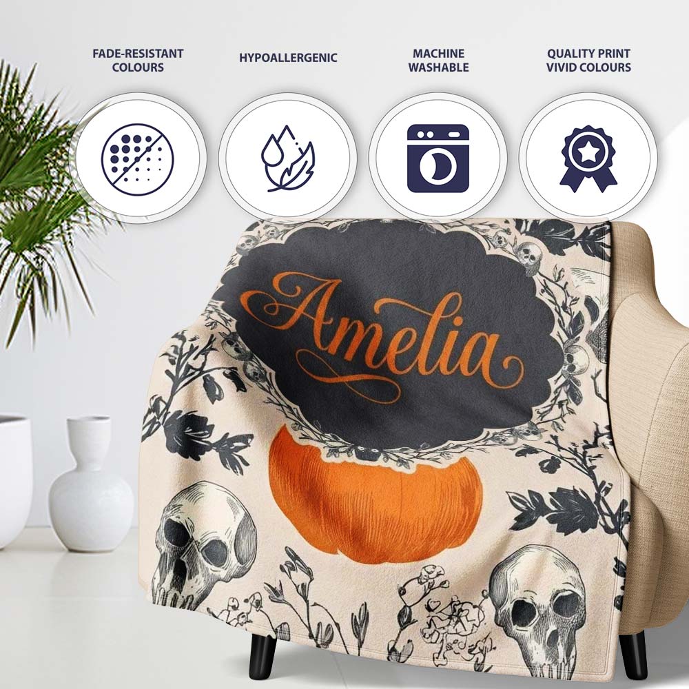 Vintage Pumpkin Skull Botanical Cream Seamless Pattern Name Cute Personalised Custom Name Super Soft Fleece Blanket Bed Sofa Throw