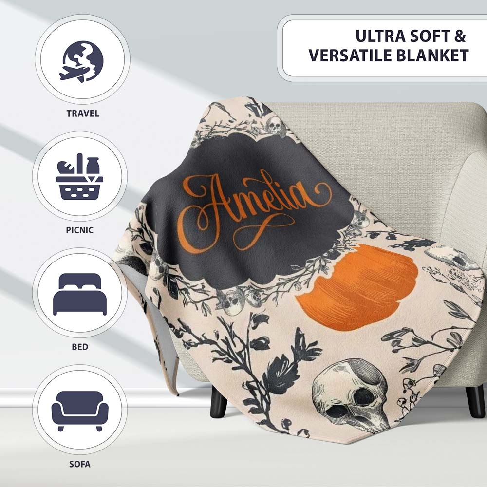 Vintage Pumpkin Skull Botanical Cream Seamless Pattern Name Cute Personalised Custom Name Super Soft Fleece Blanket Bed Sofa Throw