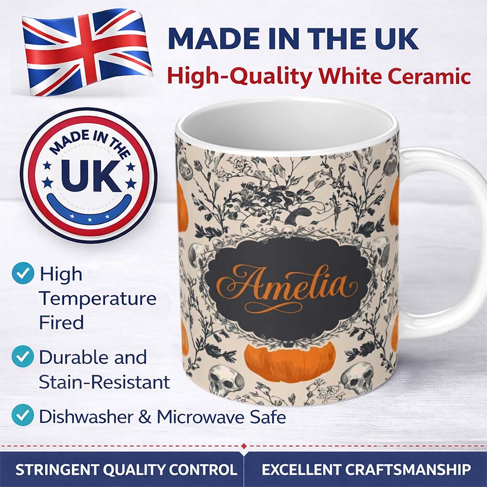 Personalized Custom Name Vintage Pumpkin Skull Botanical Cream Seamless Pattern Name Cute 11oz Ceramic Coffee Tea Mug White Large Handle