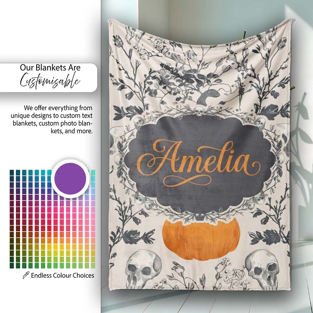 Vintage Pumpkin Skull Botanical Cream Seamless Pattern Name Cute Personalised Custom Name Super Soft Fleece Blanket Bed Sofa Throw