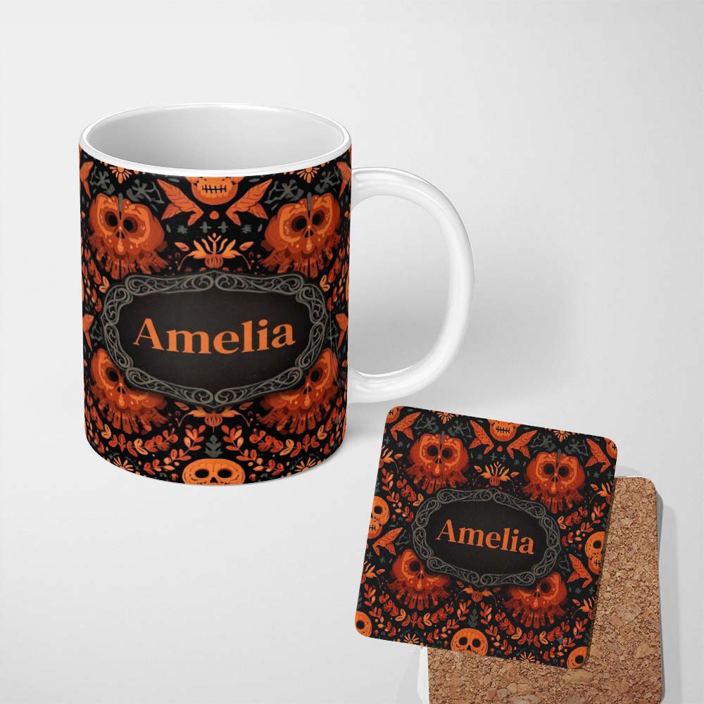 Personalized Custom Name Halloween Skull Floral Orange Gothic Seamless Pattern Name Cute 11oz Ceramic Coffee Tea Mug White Large Handle