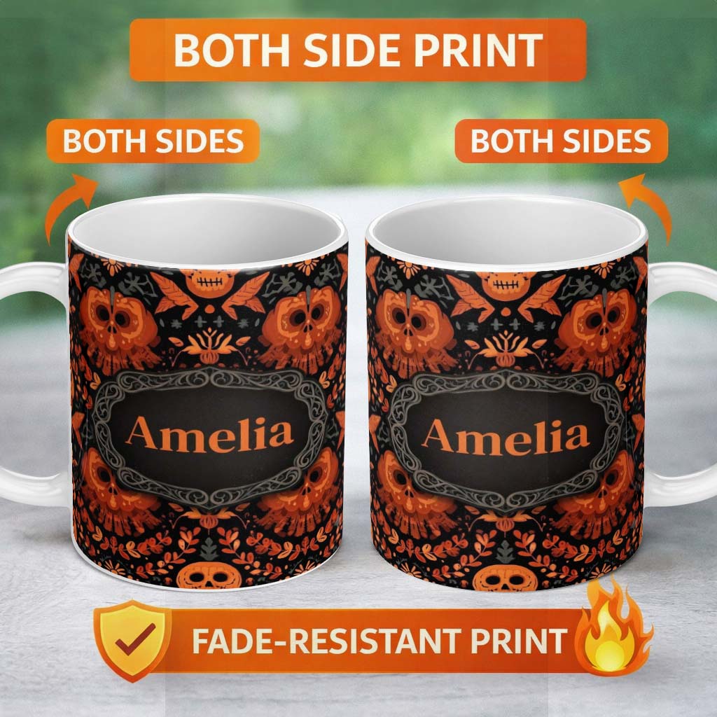 Personalized Custom Name Halloween Skull Floral Orange Gothic Seamless Pattern Name Cute 11oz Ceramic Coffee Tea Mug White Large Handle