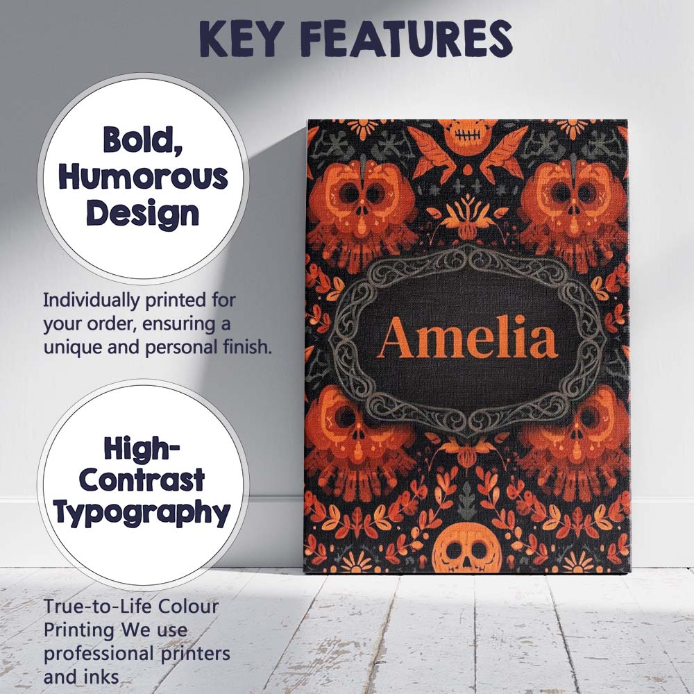 Personalised Name Halloween Skull Floral Custom Unique Gift Idea Elegant Feature Canvas Wall Art Print Decor Picture Ready to Hang