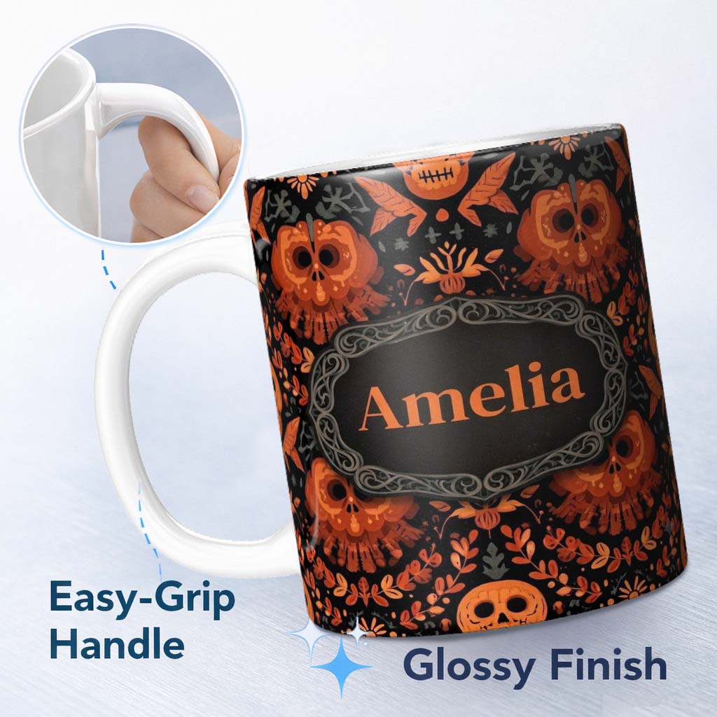 Personalized Custom Name Halloween Skull Floral Orange Gothic Seamless Pattern Name Cute 11oz Ceramic Coffee Tea Mug White Large Handle