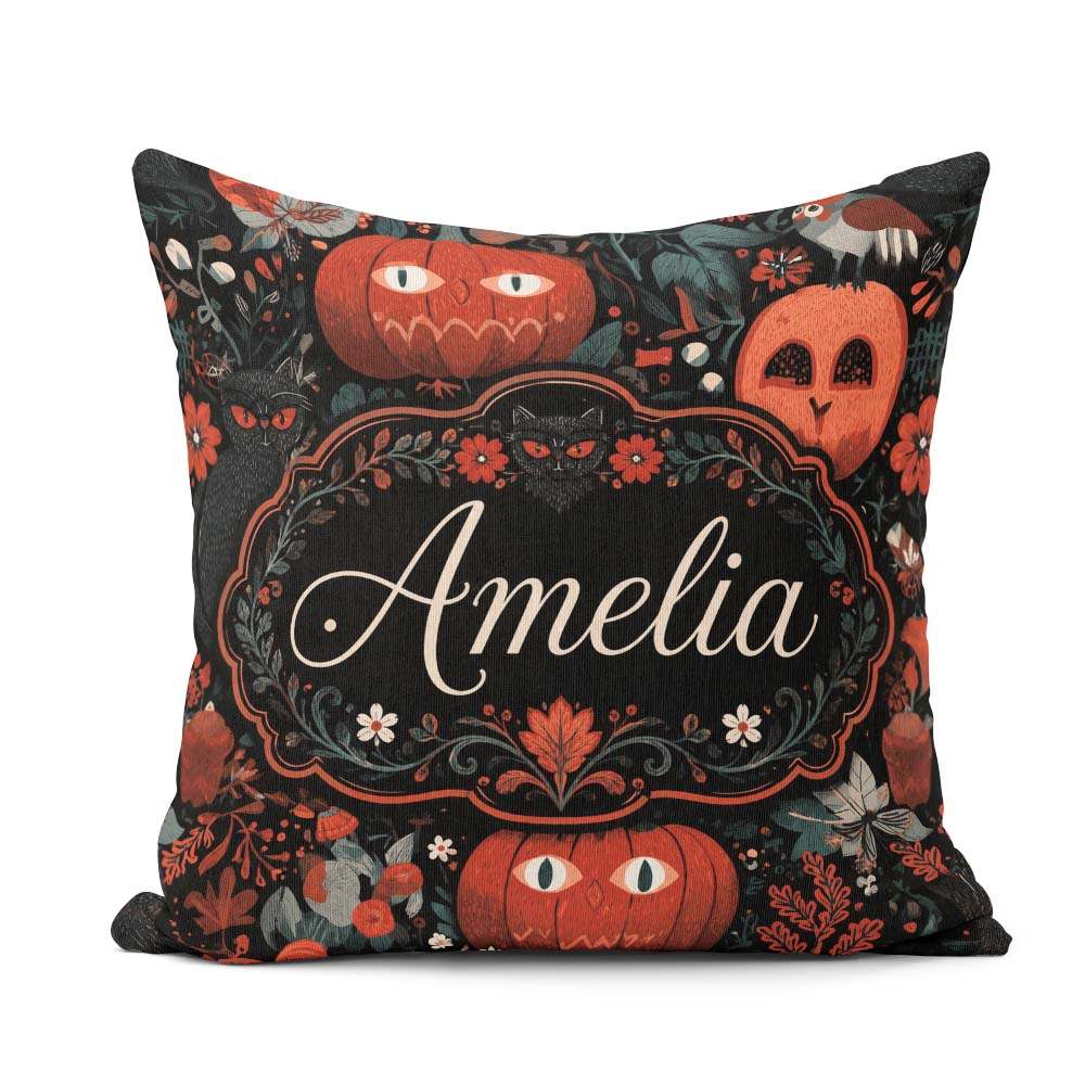Custom Name Halloween Black Cat Autumn Leaves Seamless Name Cute Square Filled Cushion Throw Pillow Sofa Bed Home Decor Zip Washable UK Made