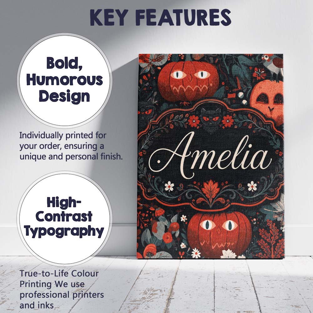 Personalised Name Halloween Black Cat Custom Modern Room Accent Creative Decorator Style Canvas Wall Art Print Decor Picture Ready to Hang
