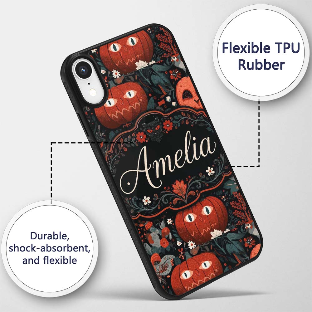 Halloween Black Cat Pumpkin Autumn Printed Design Custom Name Protective Phone Case Mobile Cover Durable Everyday Smartphone Shock Resistant
