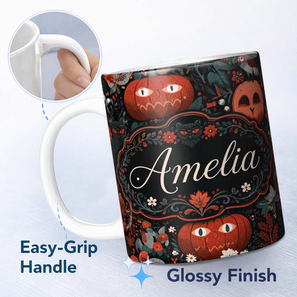 Personalized Custom Name Halloween Black Cat Pumpkin Autumn Leaves Seamless Pattern Name Cute 11oz Ceramic Coffee Tea Mug White Large Handle