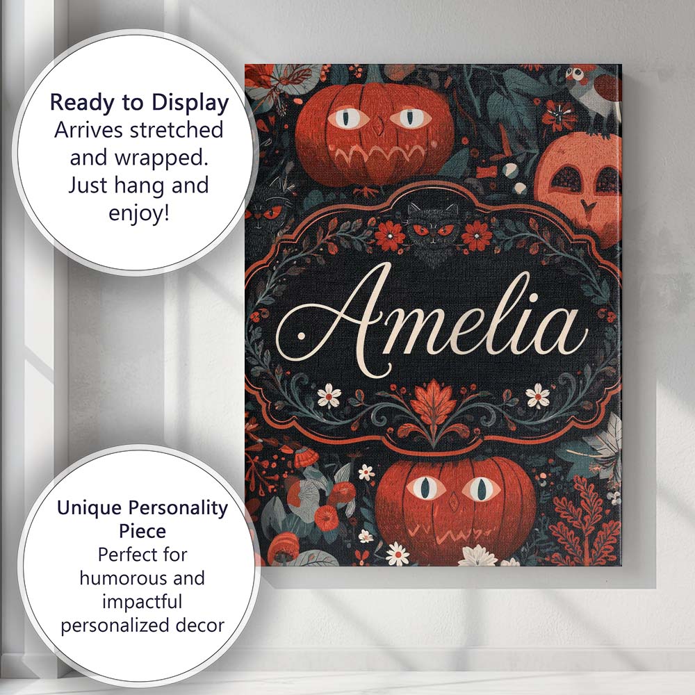 Personalised Name Halloween Black Cat Custom Modern Room Accent Creative Decorator Style Canvas Wall Art Print Decor Picture Ready to Hang