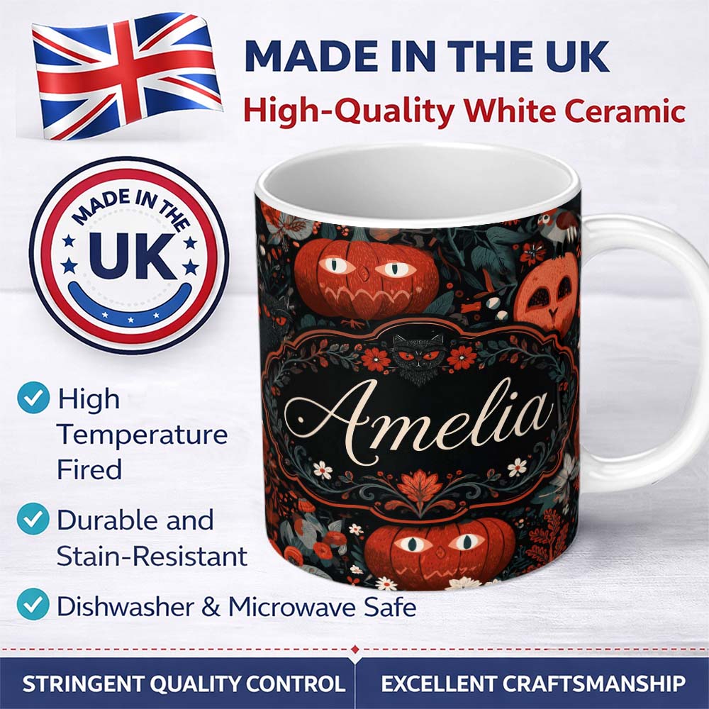 Personalized Custom Name Halloween Black Cat Pumpkin Autumn Leaves Seamless Pattern Name Cute 11oz Ceramic Coffee Tea Mug White Large Handle