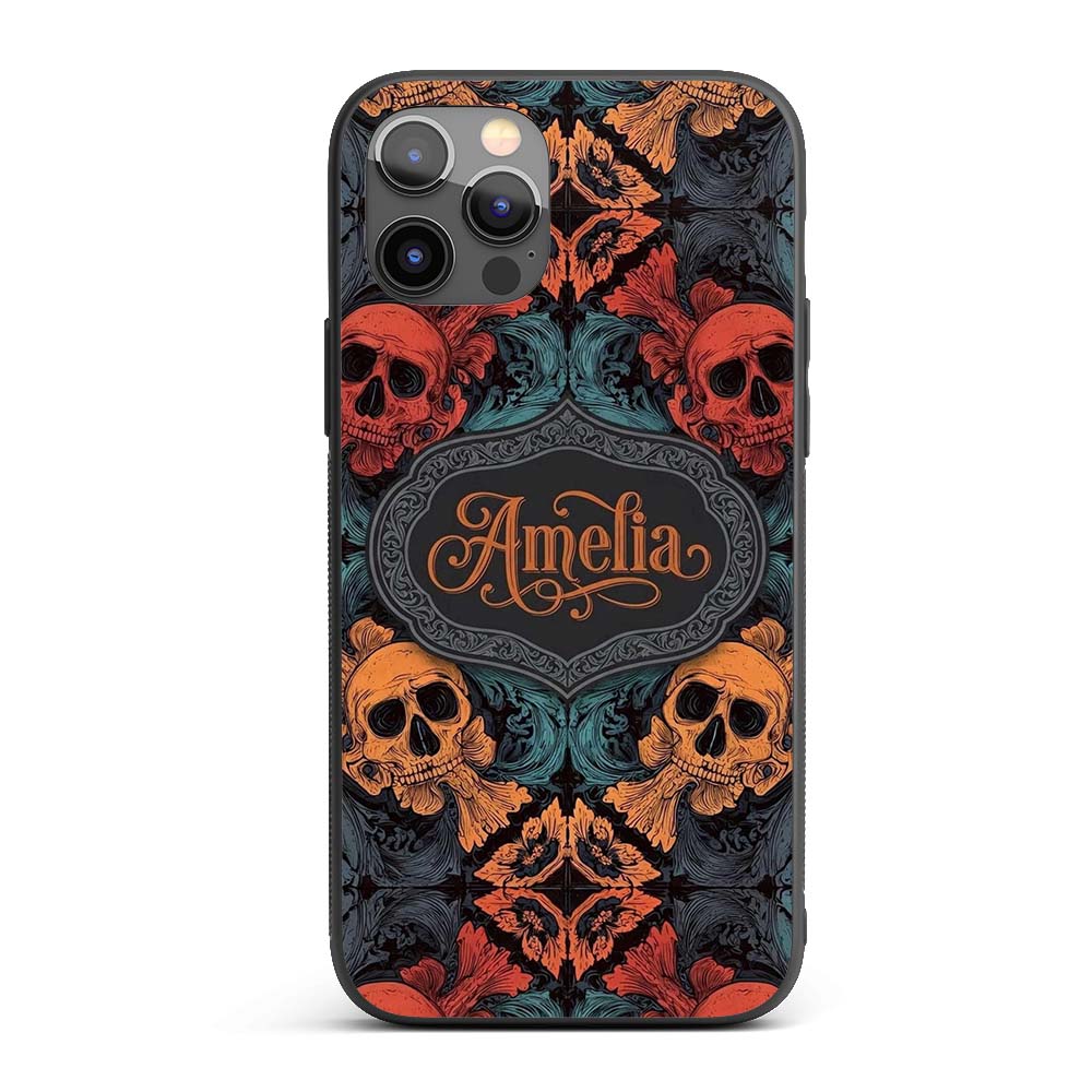 Ornate Skull Floral Symmetry Dark Gothic Seamless Custom Name Protective Phone Case Mobile Cover Durable Everyday Smartphone Shock Resistant