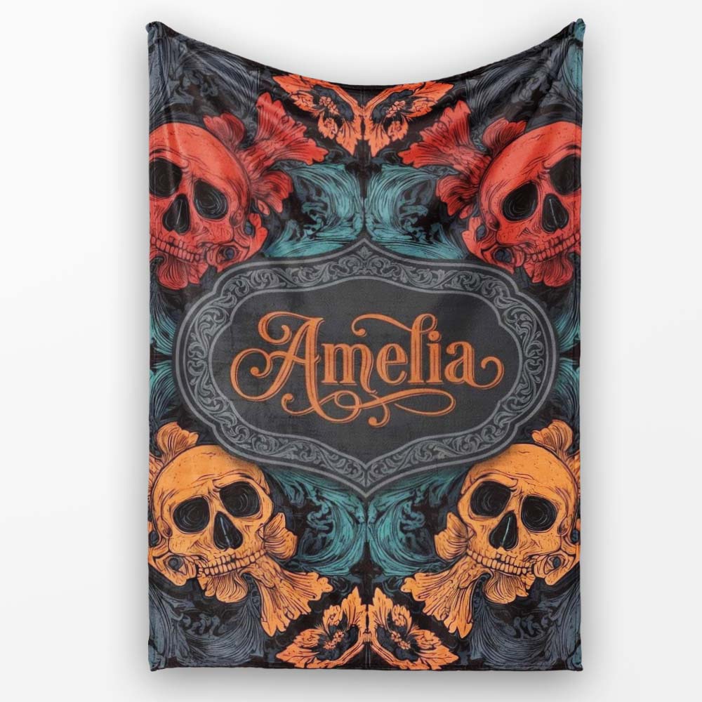 Ornate Skull Floral Symmetry Dark Gothic Seamless Pattern Custom Personalised Custom Name Super Soft Fleece Blanket Bed Sofa Throw