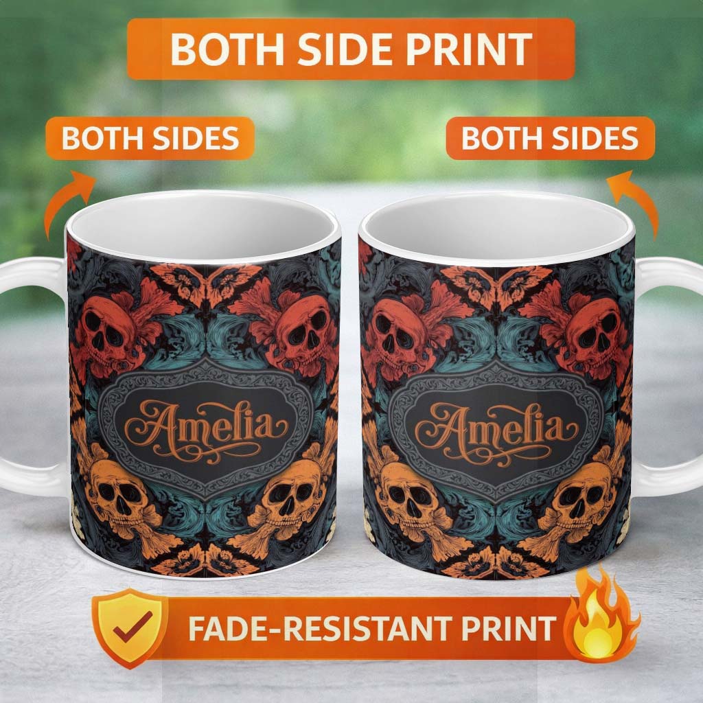 Personalized Custom Name Ornate Skull Floral Symmetry Dark Gothic Seamless Pattern Custom 11oz Ceramic Coffee Tea Mug White Large Handle