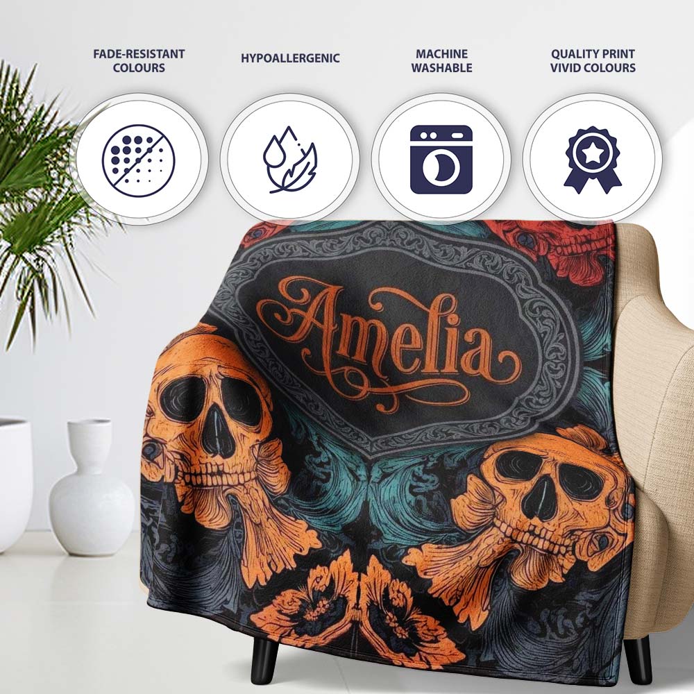 Ornate Skull Floral Symmetry Dark Gothic Seamless Pattern Custom Personalised Custom Name Super Soft Fleece Blanket Bed Sofa Throw