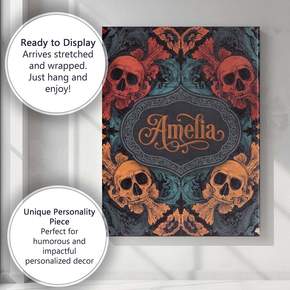 Personalised Name Ornate Skull Floral Custom Modern Room Accent Creative Decorator Style Canvas Wall Art Print Decor Picture Ready to Hang