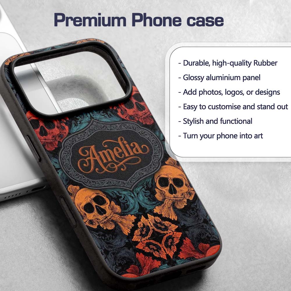Ornate Skull Floral Symmetry Dark Gothic Seamless Custom Name Protective Phone Case Mobile Cover Durable Everyday Smartphone Shock Resistant