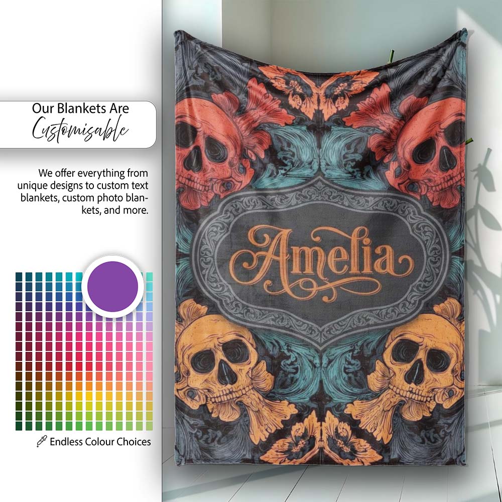 Ornate Skull Floral Symmetry Dark Gothic Seamless Pattern Custom Personalised Custom Name Super Soft Fleece Blanket Bed Sofa Throw