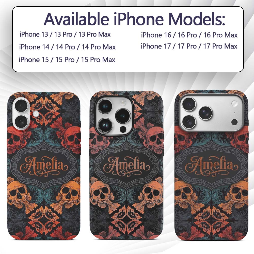 Ornate Skull Floral Symmetry Dark Gothic Seamless Custom Name Protective Phone Case Mobile Cover Durable Everyday Smartphone Shock Resistant