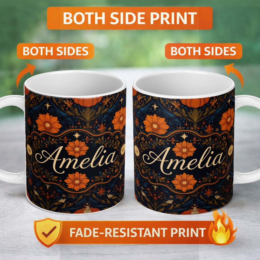 Personalized Custom Name Mystic Night Floral Star Moon Botanical Seamless Pattern Name Cute 11oz Ceramic Coffee Tea Mug White Large Handle