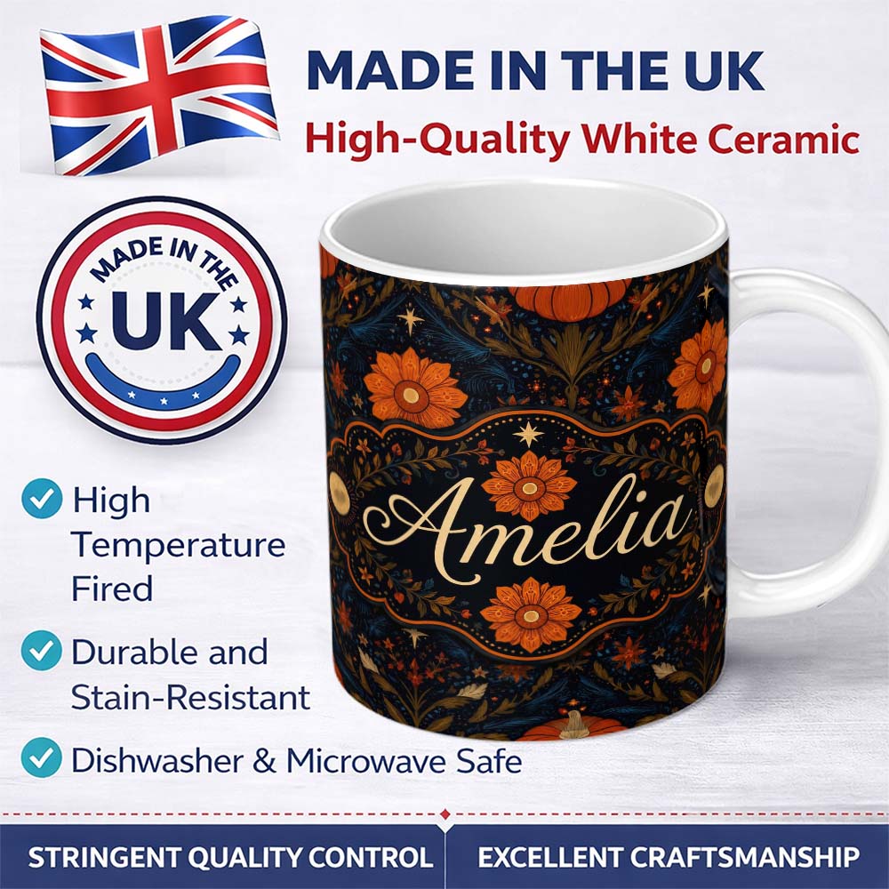 Personalized Custom Name Mystic Night Floral Star Moon Botanical Seamless Pattern Name Cute 11oz Ceramic Coffee Tea Mug White Large Handle