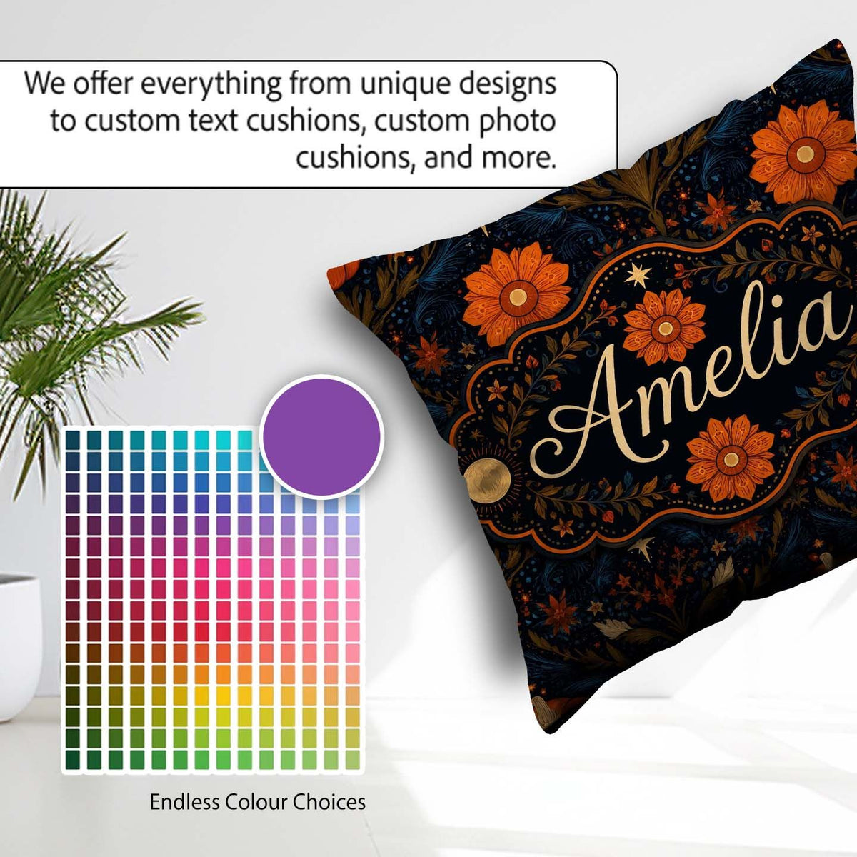 Custom Name Mystic Night Floral Star Moon Botanical Pattern Name Square Filled Cushion Throw Pillow Sofa Bed Home Decor Zip Washable UK Made