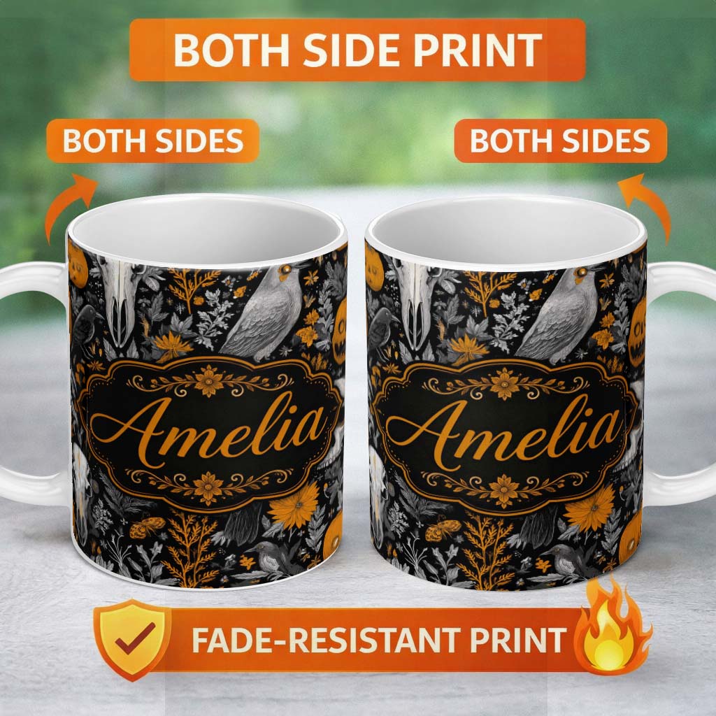 Personalized Custom Name Halloween Skull Raven Botanical Black Orange Seamless Pattern Name 11oz Ceramic Coffee Tea Mug White Large Handle